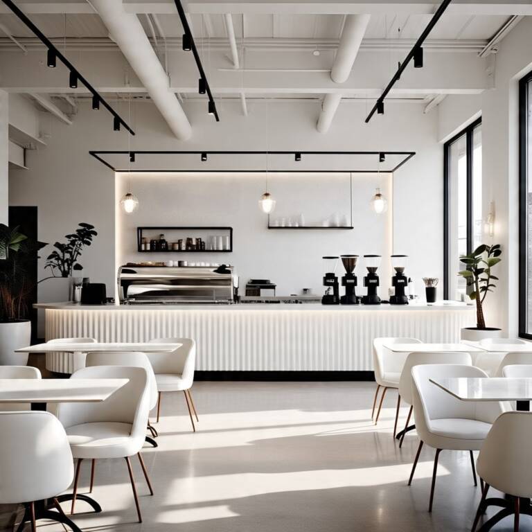 a white room with tables and chairs