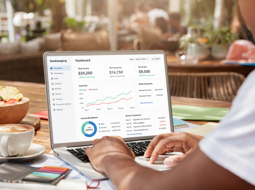 Restaurant owner using a computer to reconcile DoorDash and Uber Eats delivery payouts in QuickBooks